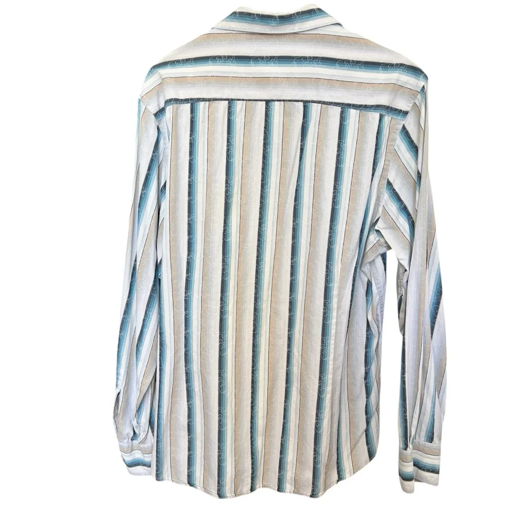 Kenneth Cole Shirt Men Large Button-Up Striped Embroidered Long Sleeve Blue Whit